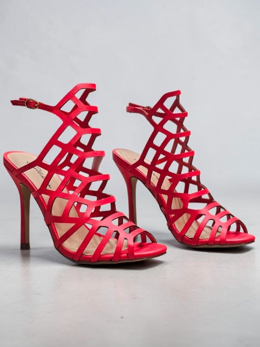 Red Strappy High Heeled Sandals With Cutout Design & Adjustable Buckle Chic Even